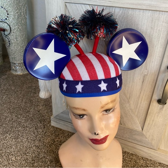 Disney Mickey Mouse Red White & Blue Ears Pom Poms Elastic Strap 4th of July - Picture 2 of 10